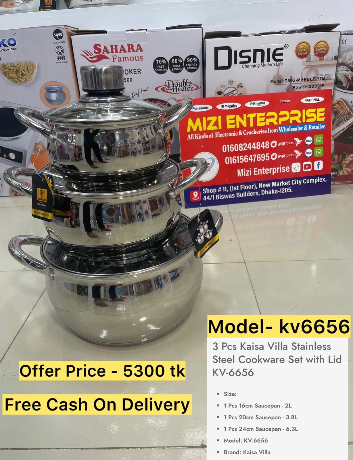 Kv-6656, 6pcs Kaisa Villa Stainless Steel Cookingset, Induction bottom Cookware Set, Best Quality & Best Price in BD