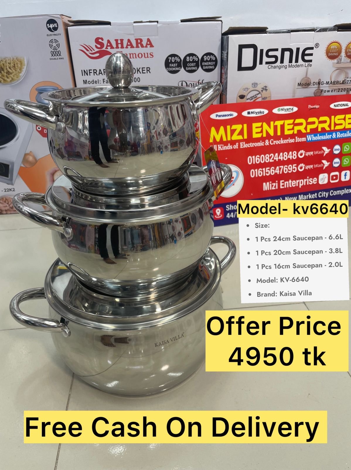 Kv-6640, 6pcs Kaisa Villa Stainless Steel Cookingset, Induction bottom 6pcs Cookware Set, Best Quality & Best Price in BD