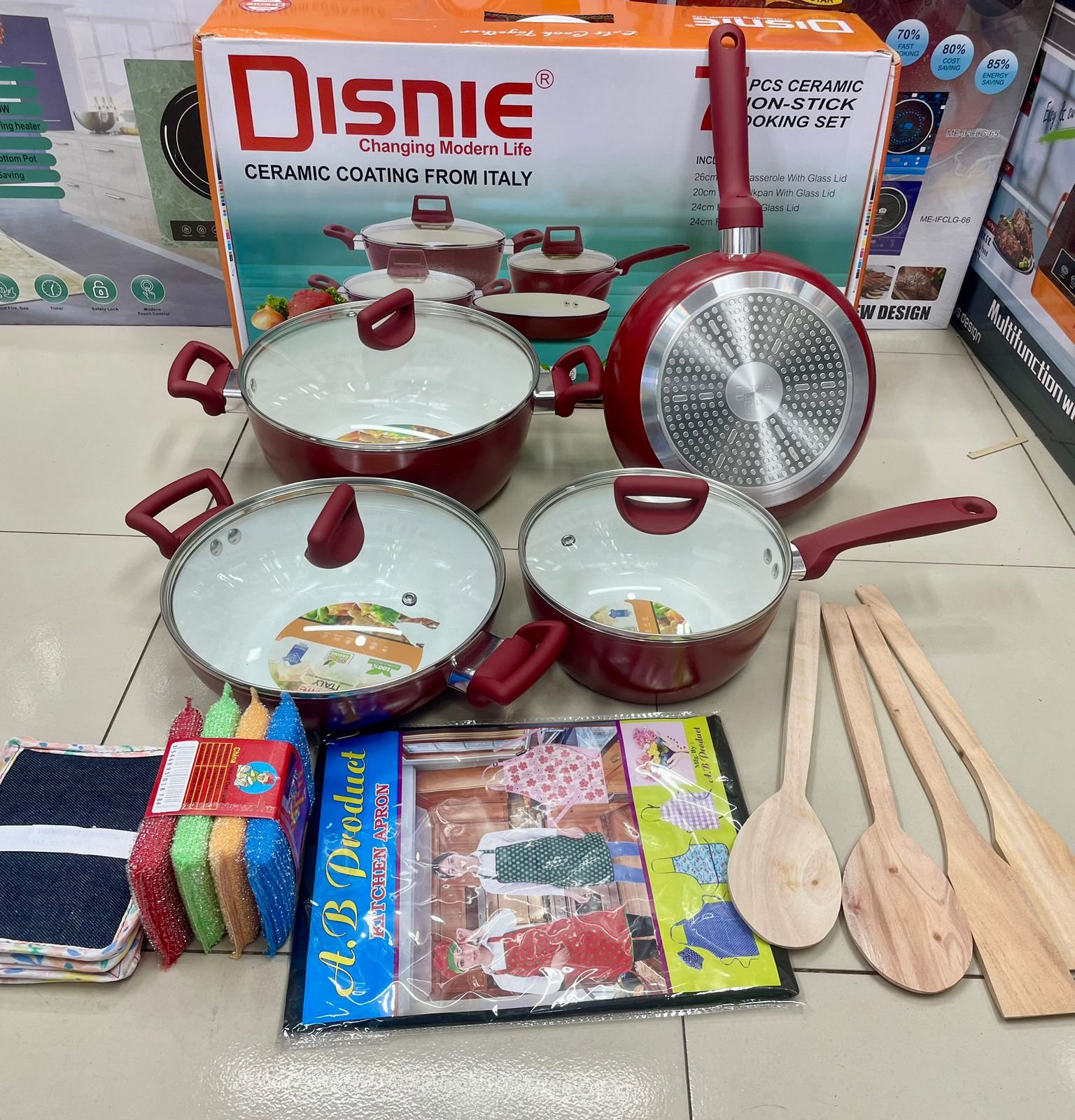 Disnie Italy Super Ceramic Induction Non Stick Cooking Set-7Pcs – Red With Gift